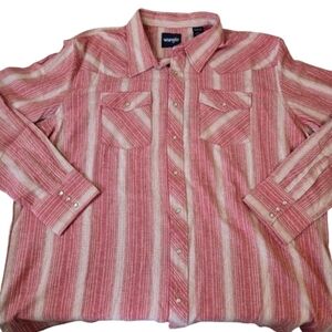 NWT Wrangler Pearl Snap Pink & White Striped Flannel Shirt 3XT Tall